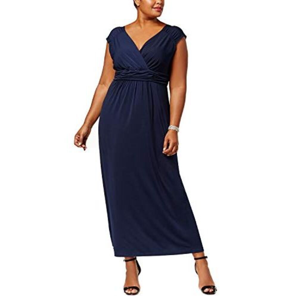 NY Collection Womens Ruched Empire Maxi Dress, Blue, 1X